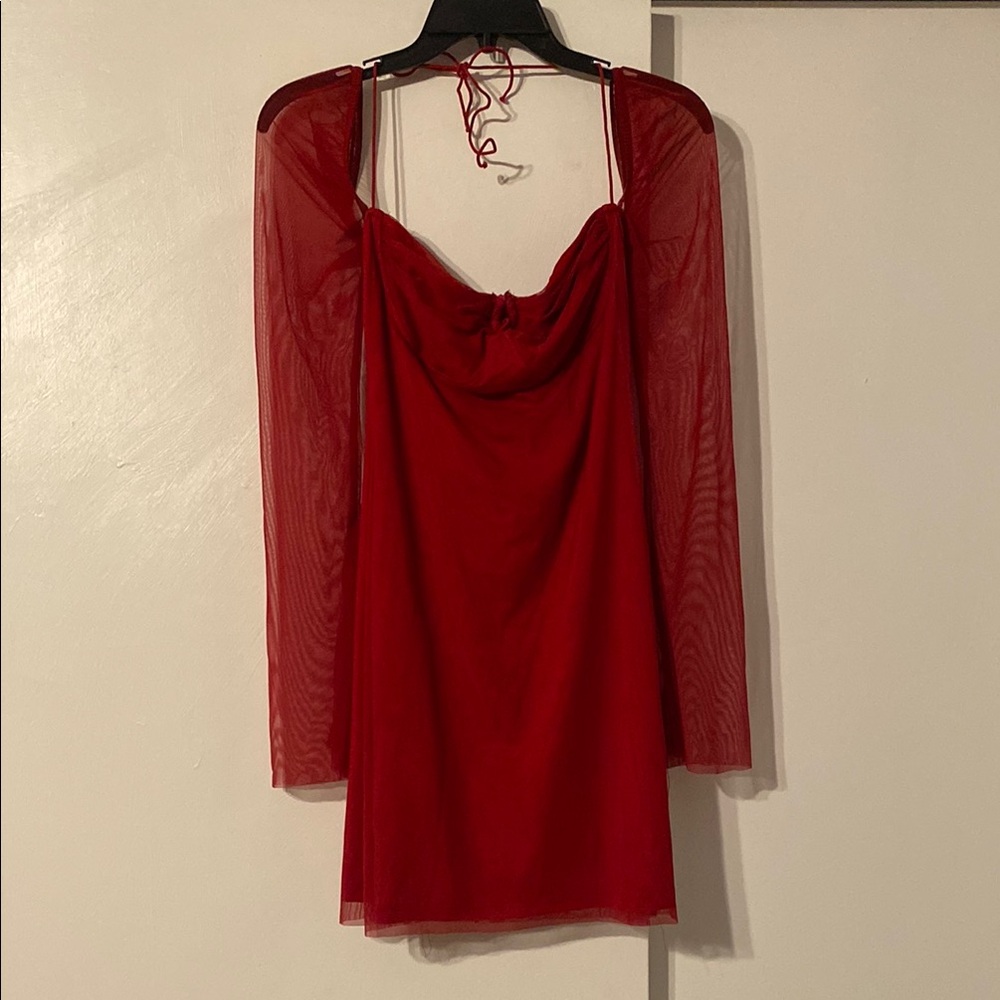 Red Sheer Sleeve Mini Dress